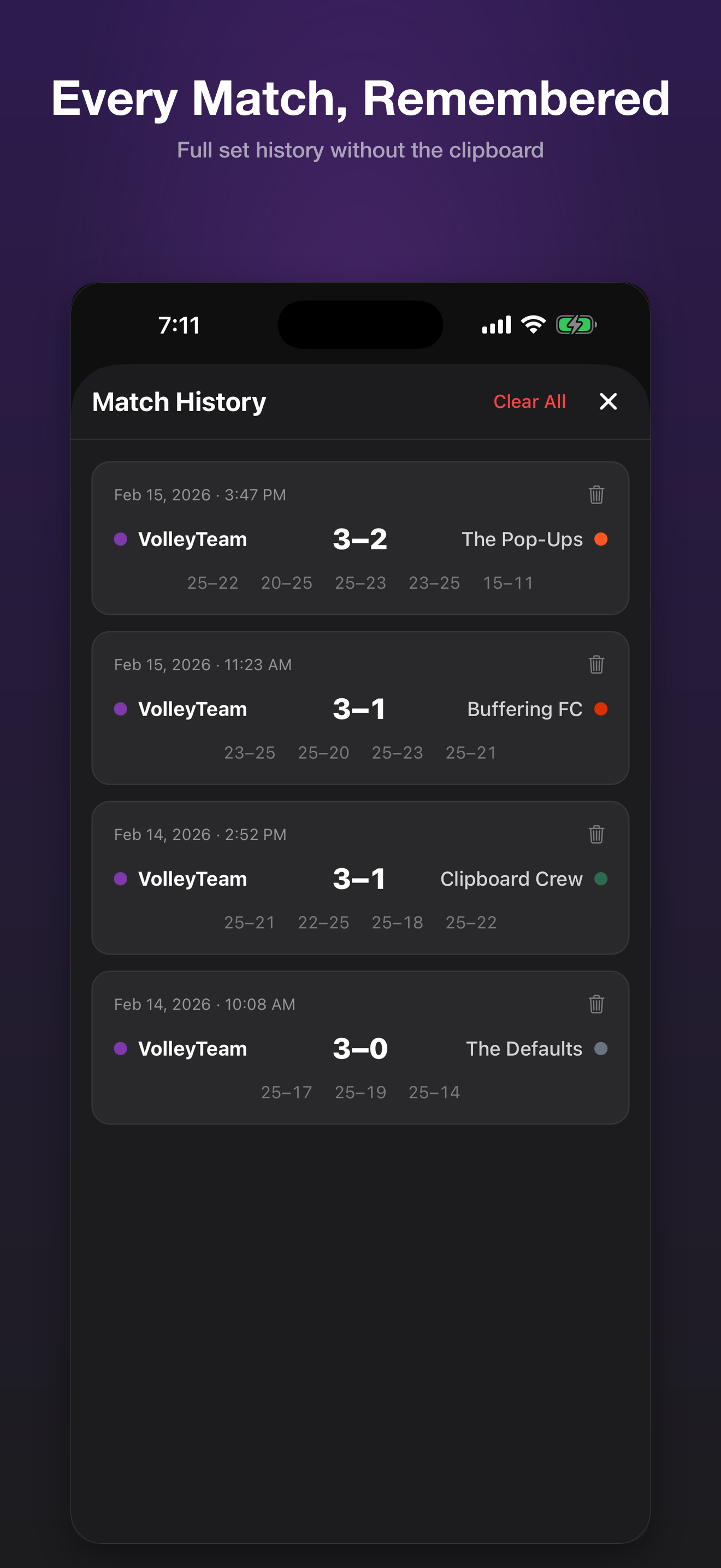 VolleyTally match history with set-by-set results