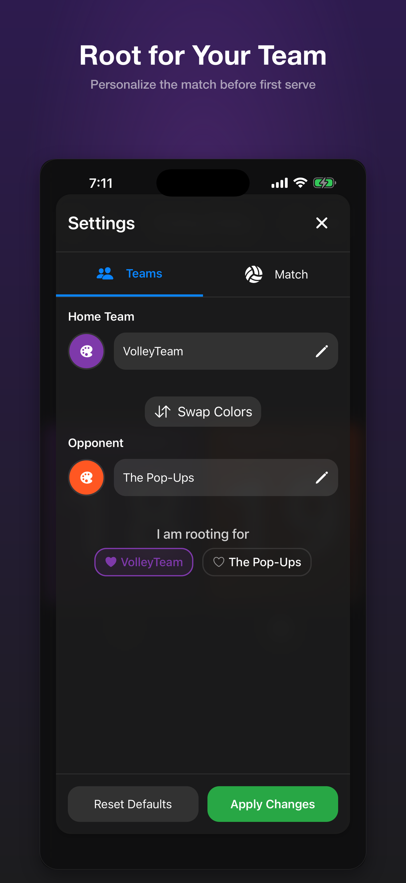 VolleyTally team setup with My Team mode