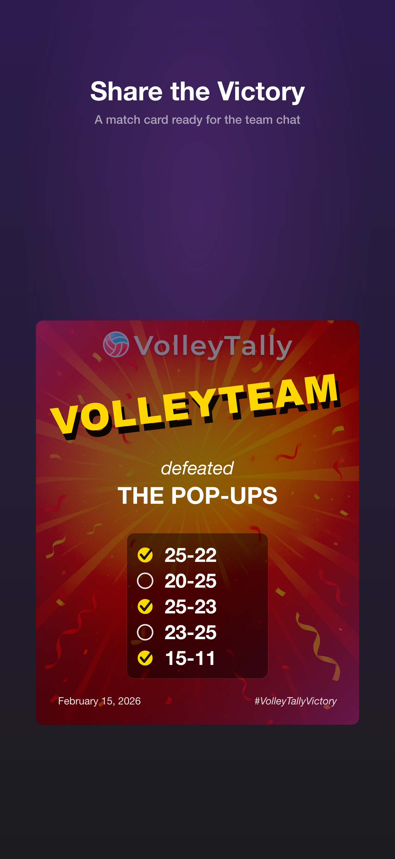 VolleyTally shareable victory card