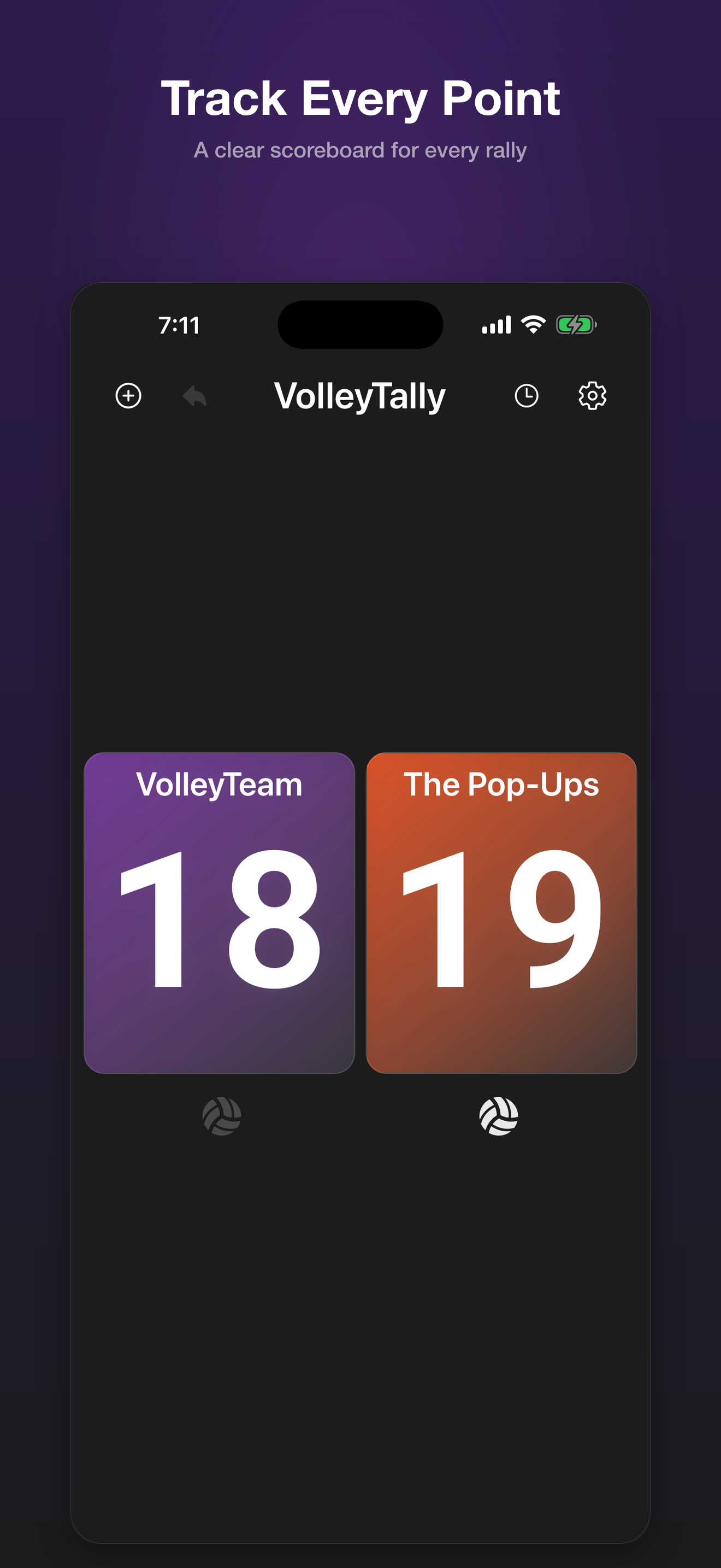 VolleyTally scoreboard tracking a close match