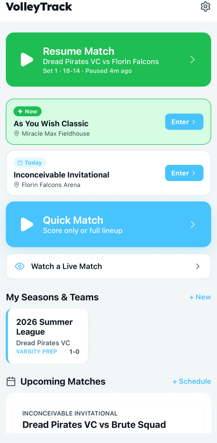 VolleyTrack dashboard with active match, events, Quick Match, and upcoming matches