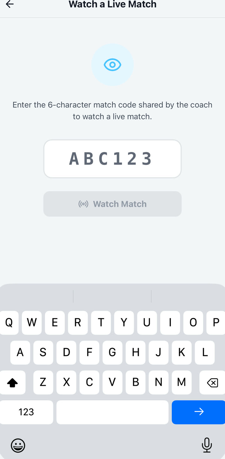 VolleyTrack Fan mode code entry screen