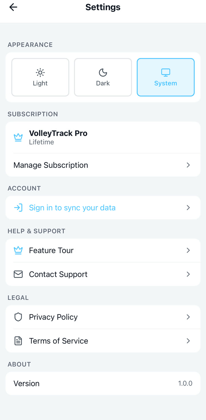 VolleyTrack settings screen showing Premium status