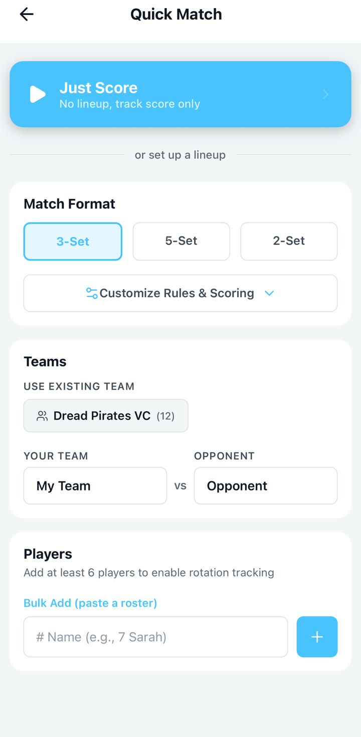 VolleyTrack Quick Match setup screen