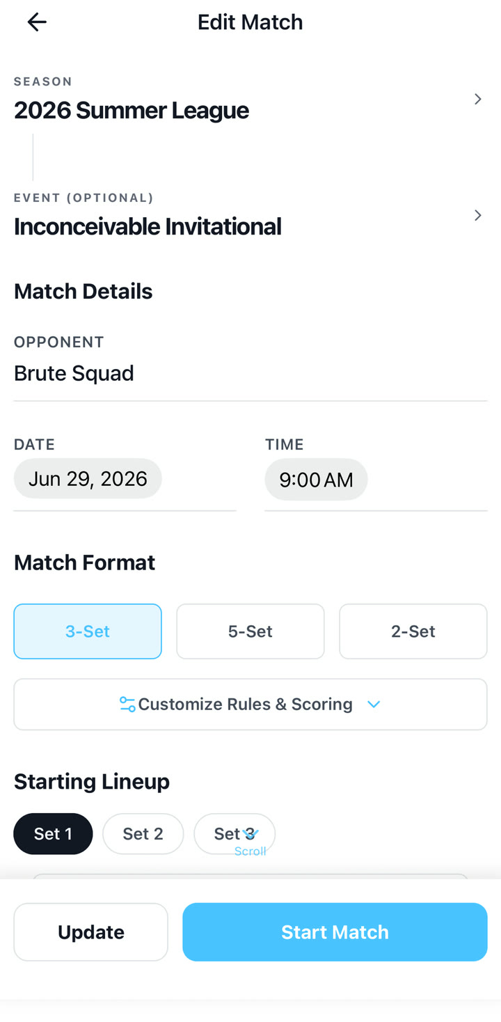 VolleyTrack match setup screen with Dread Pirates VC match details and lineup controls